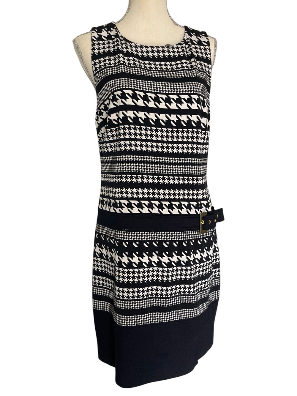 Laundry by Shelli Segal Black/White Houndstooth Drop Waist Sleeveless Dress (12)